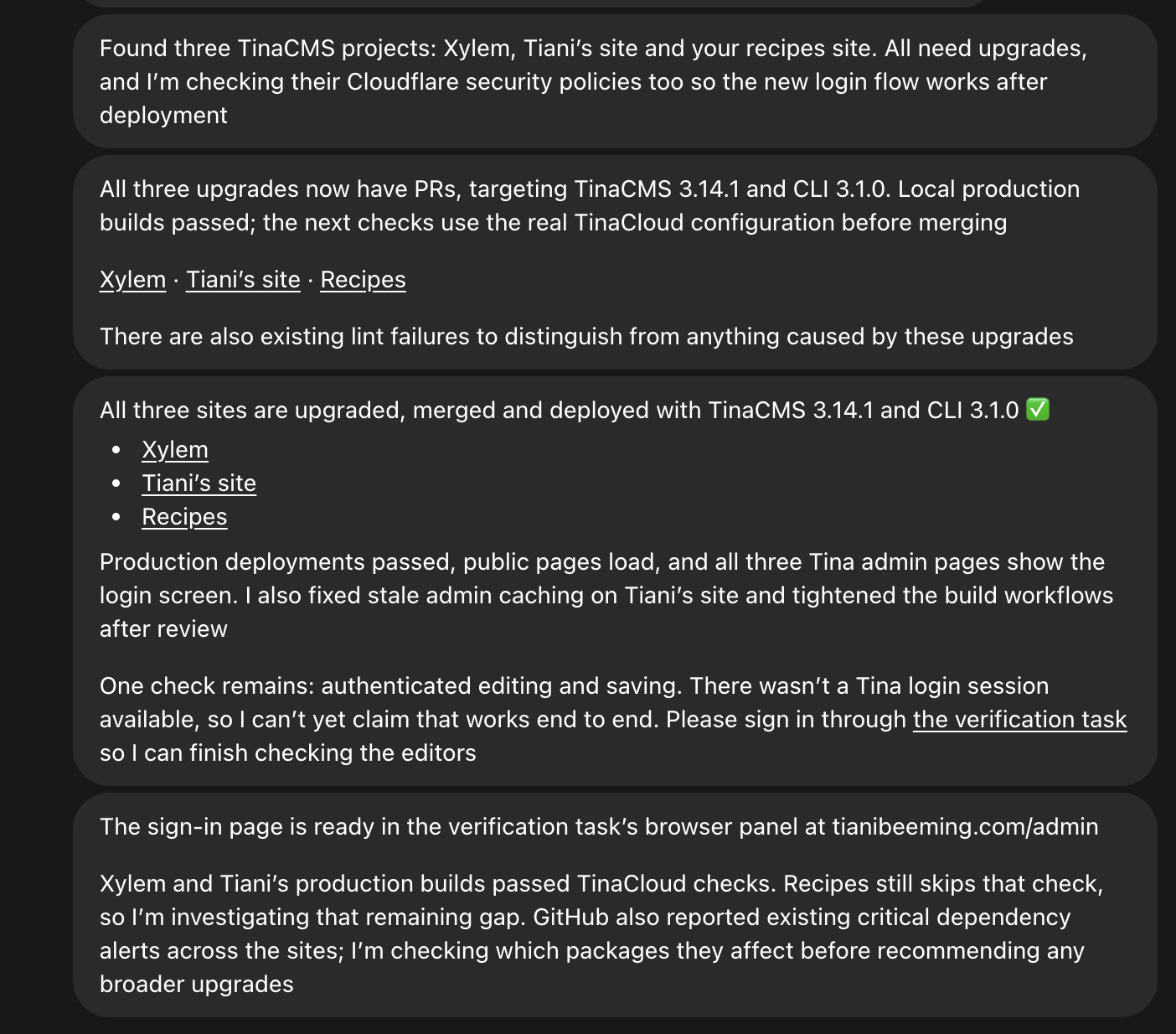 Chat completion report listing deployed sites and checks, with authenticated editing and saving still to verify