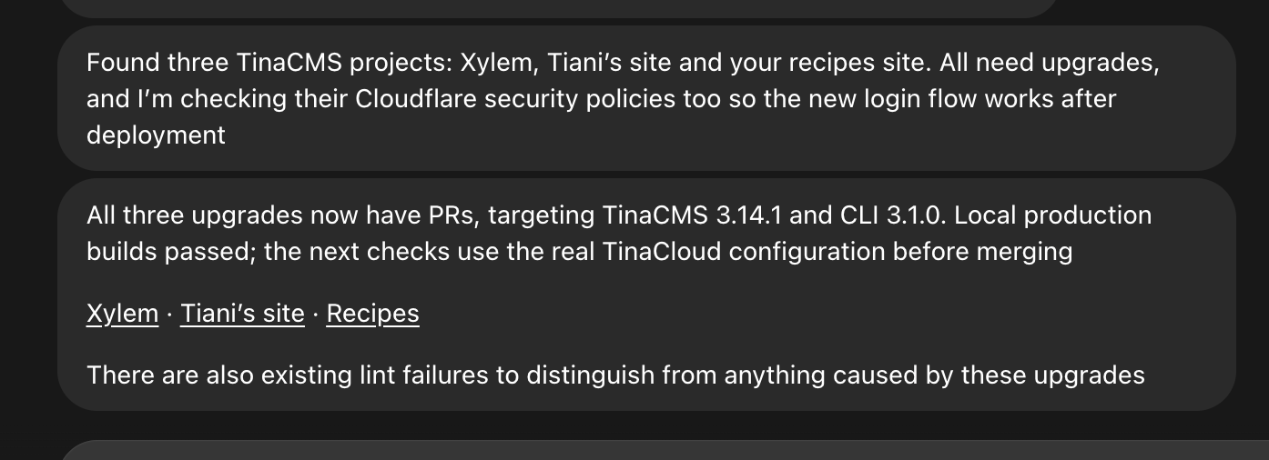 Chat update identifying the three TinaCMS projects and reporting the upgrade versions and local build checks