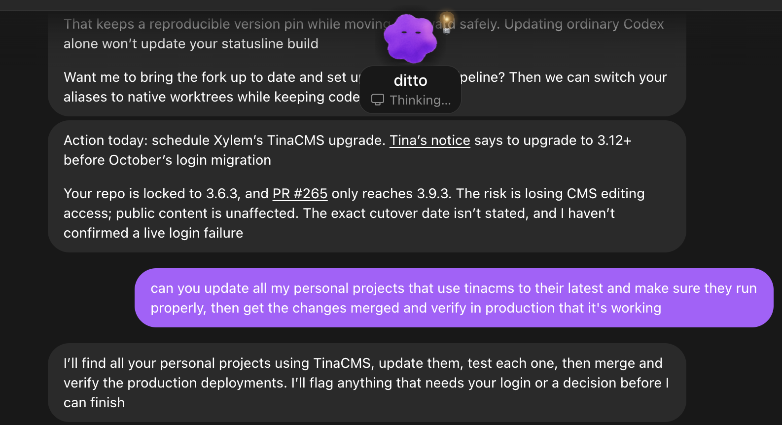 Chat showing ditto's TinaCMS upgrade reminder, the version gap and my request to upgrade all three sites