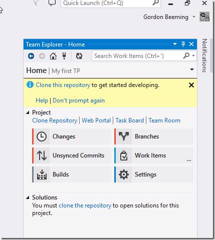 Team Explorer window showing successful connection to a team project