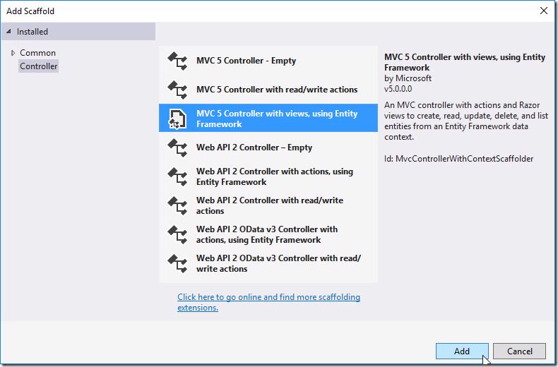 Adding a new MVC 5 Controller with views