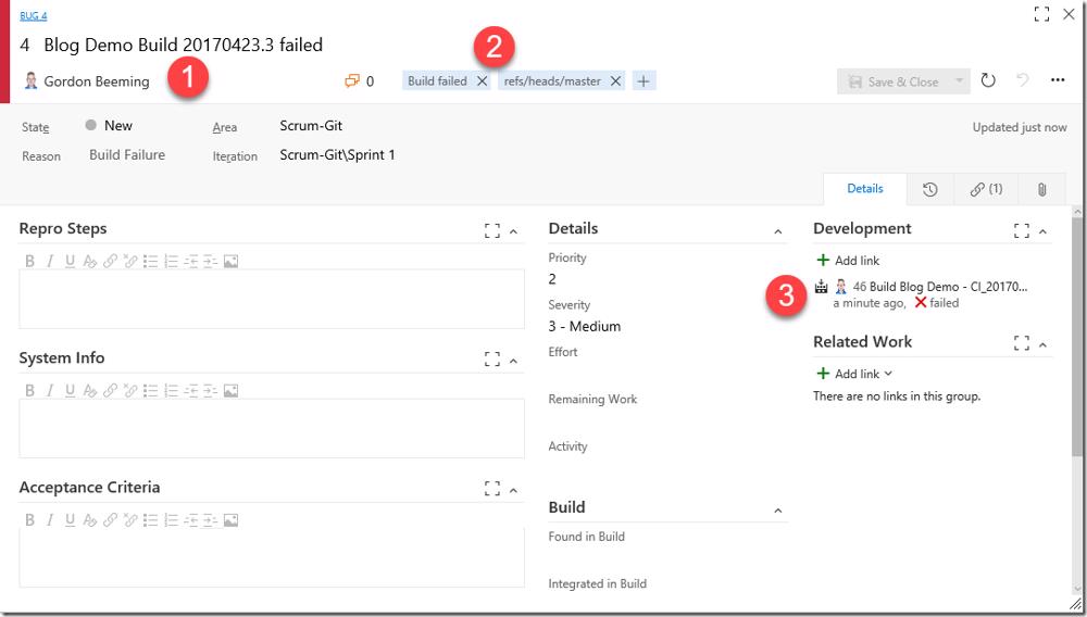 VSTS/TFS: Bug work item created automatically for the failed build, showing title, tags, and build link.