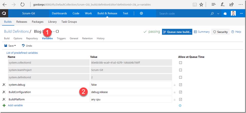 VSTS/TFS build definition variables: Setting BuildConfiguration to 'debug,release'.