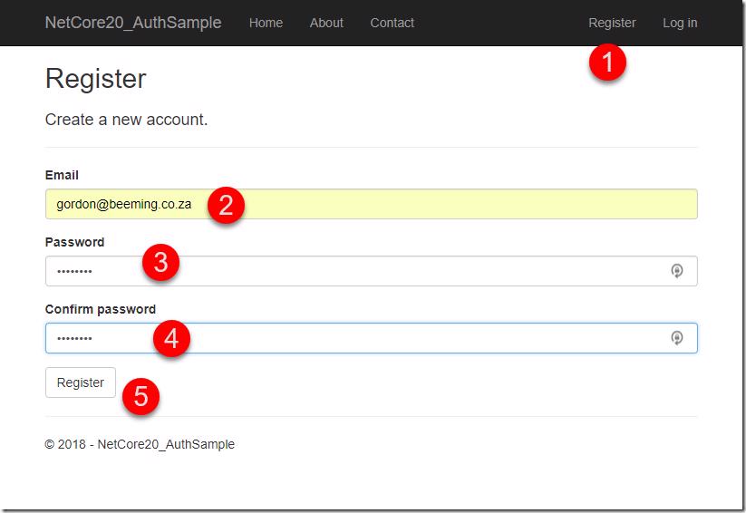 Registration page of the ASP.NET Core application