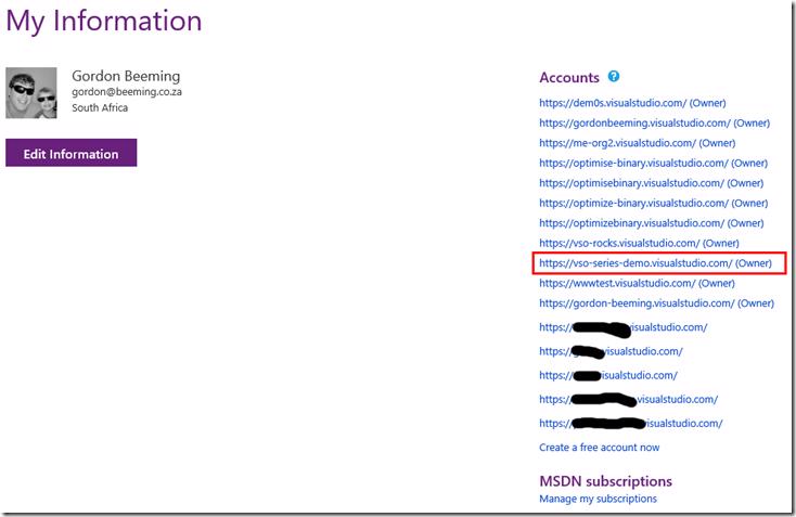Visual Studio Online account page