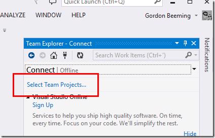 Team Explorer Connect page with Select Team Projects button highlighted