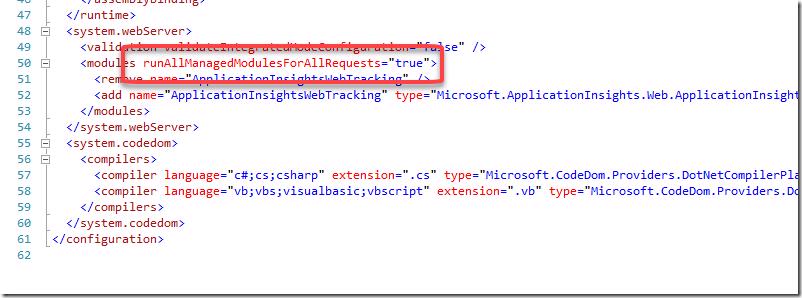 Web.config showing runAllManagedModulesForAllRequests set to true