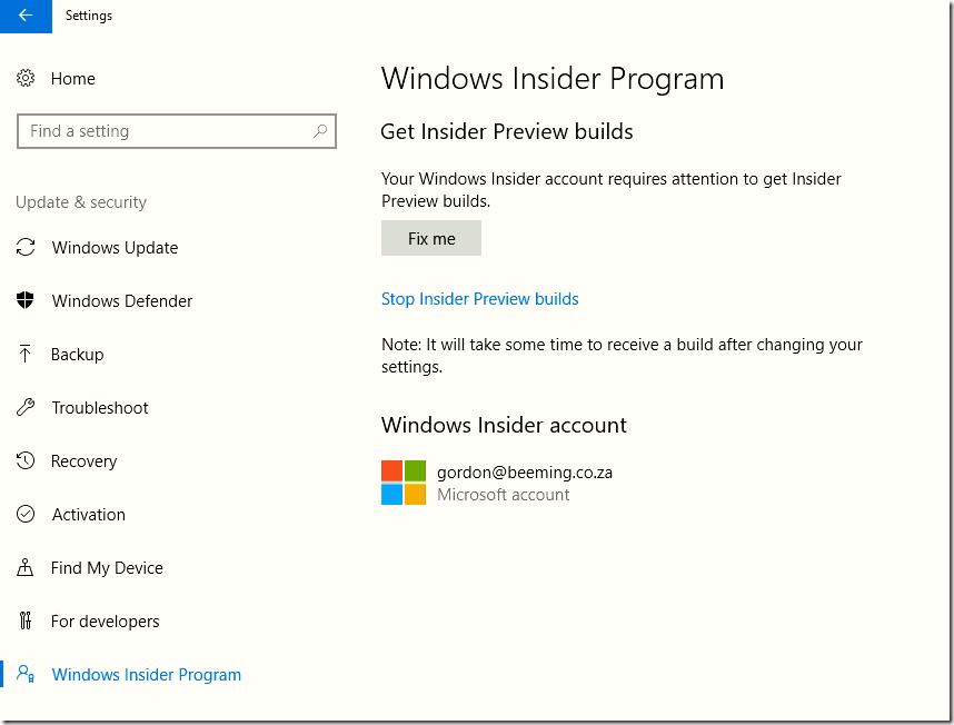Fix me button for Windows Insider Program configuration