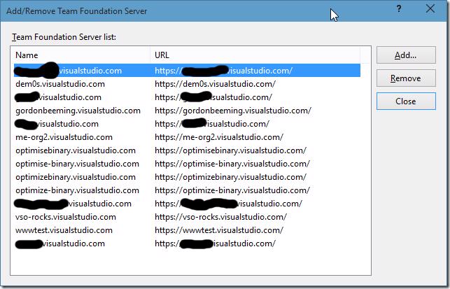 Add Team Foundation Server dialog with Add button highlighted