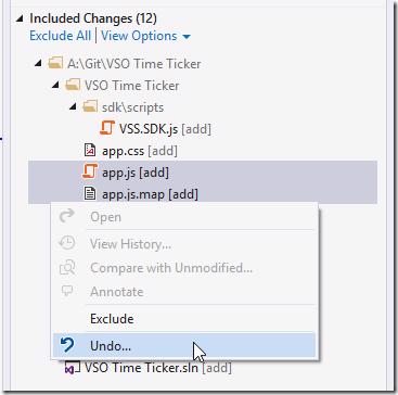 Visual Studio Team Explorer - Pending Changes window showing app.js and app.js.map