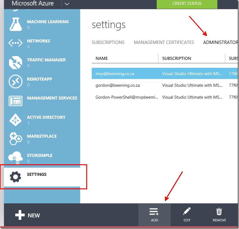 Azure Management Portal Settings - Administrators tab with Add button highlighted