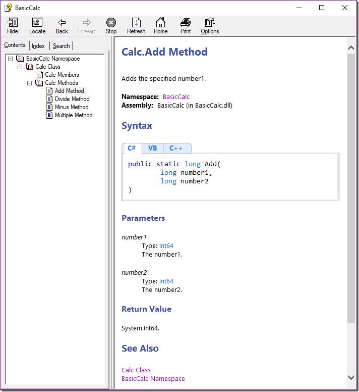 Generated CHM help file displaying formatted code comments
