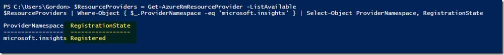 PowerShell output showing microsoft.insights provider as Registered