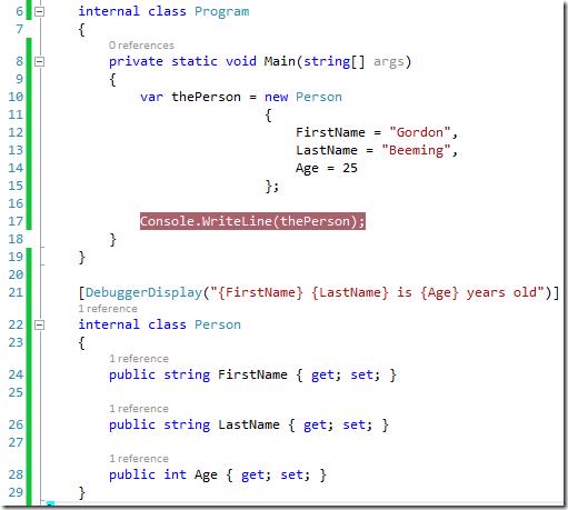 C# code showing DebuggerDisplay attribute on a class