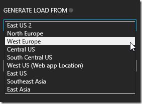 Azure portal New performance test blade location selection
