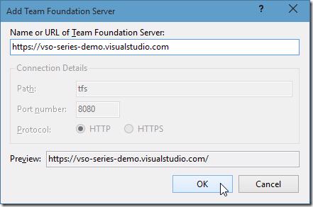 Add Team Foundation Server dialog with URL input field and OK button