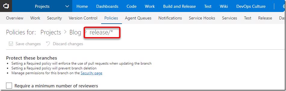 Setting wildcard branch policies in VSTS
