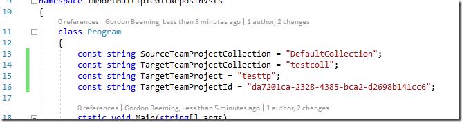 C# code showing constants for VSTS REST API calls