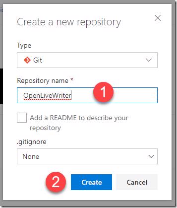 VSTS Create New Repository dialog