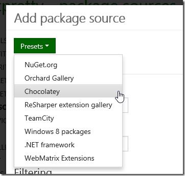 MyGet Add Package Source - Presets for Chocolatey