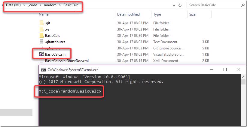 Command prompt window showing the directory of the solution with XML comments