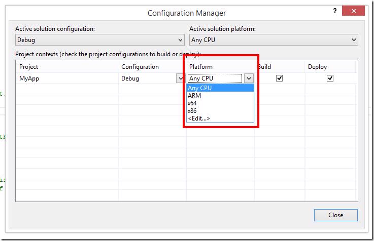 Visual Studio Configuration Manager: Setting project platform to x86, x64, or ARM.