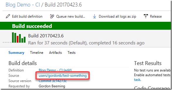 VSTS/TFS build summary: Successful build for a user branch.