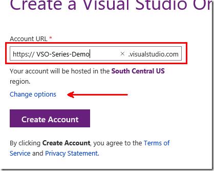 Create a Visual Studio Online Account page