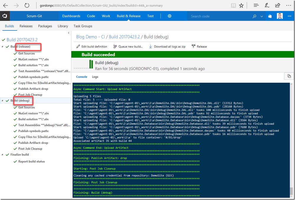 VSTS/TFS build summary: Both debug and release configurations built successfully.