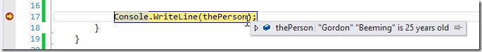 Visual Studio debugger showing object display with DebuggerDisplay attribute