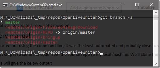 Git branch -a command output