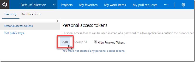 VSTS Personal Access Tokens screen with Add button