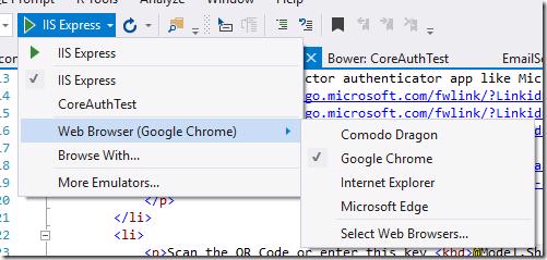 Visual Studio browser selection dropdown with Chrome selected