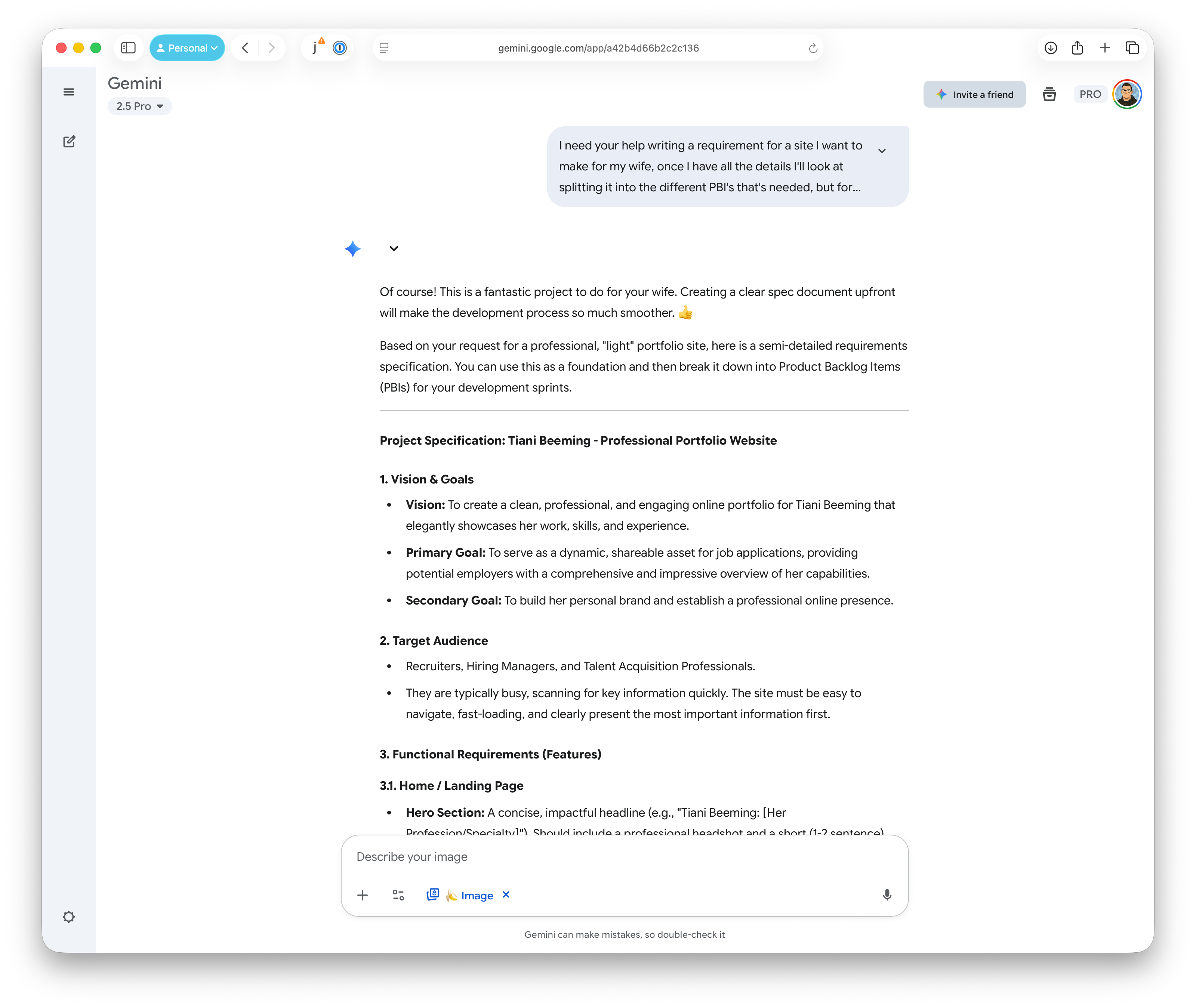 A screenshot of a Gemini chat, showing a back-and-forth conversation that results in a detailed project specification for a portfolio website.