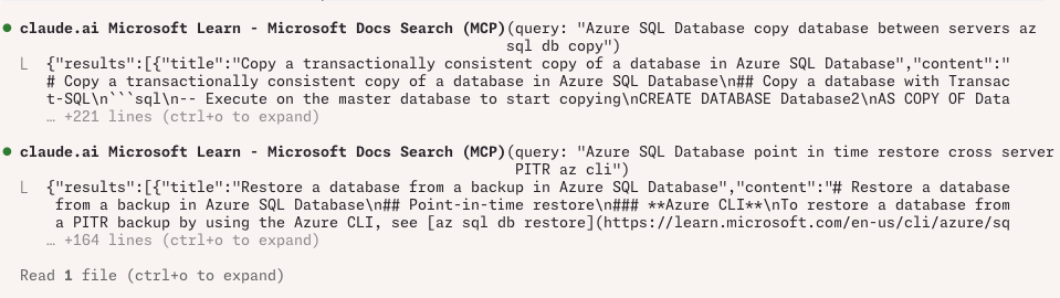 Claude Code session log showing two Microsoft Learn MCP calls: microsoft_docs_search for 'Azure SQL Database copy database between servers' and a follow-up search for 'Azure SQL Database point in time restore cross server'