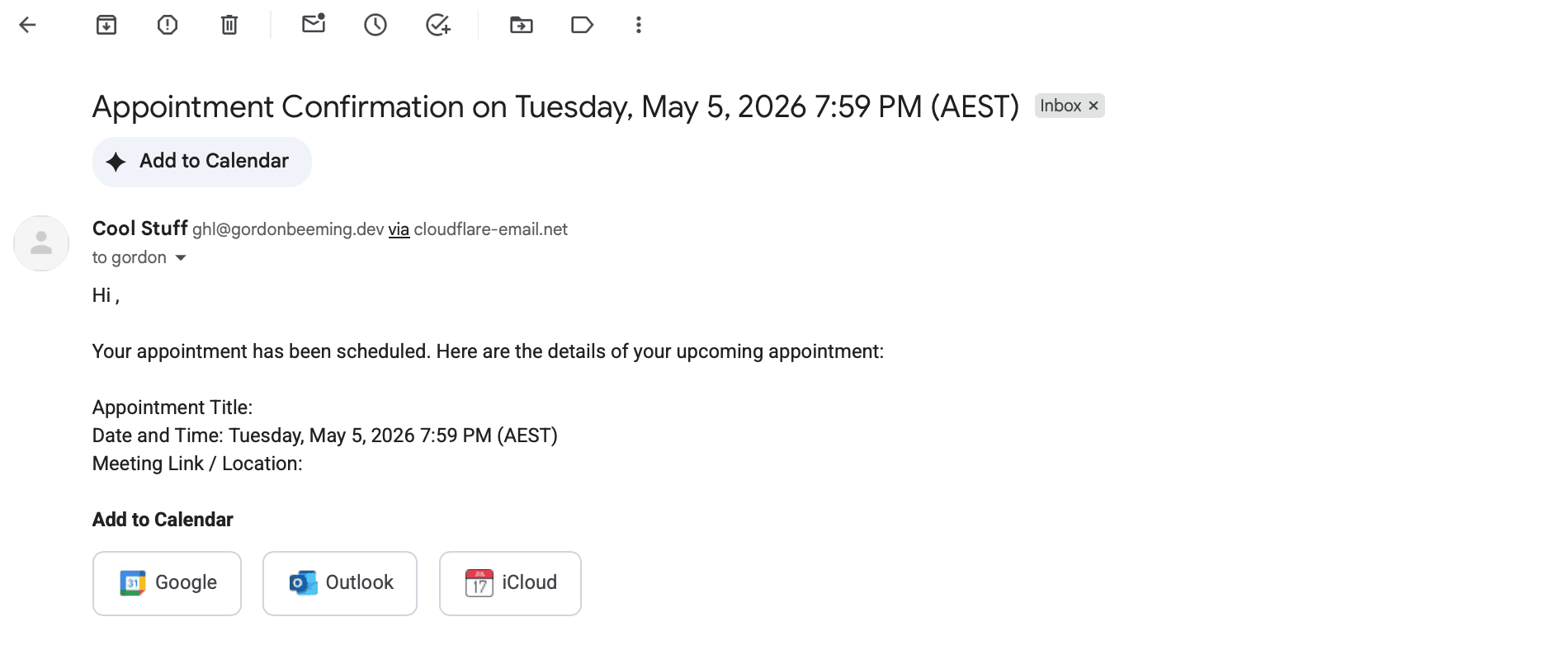 Gmail email expanded sender showing 'via cloudflare-email.net' next to the From address