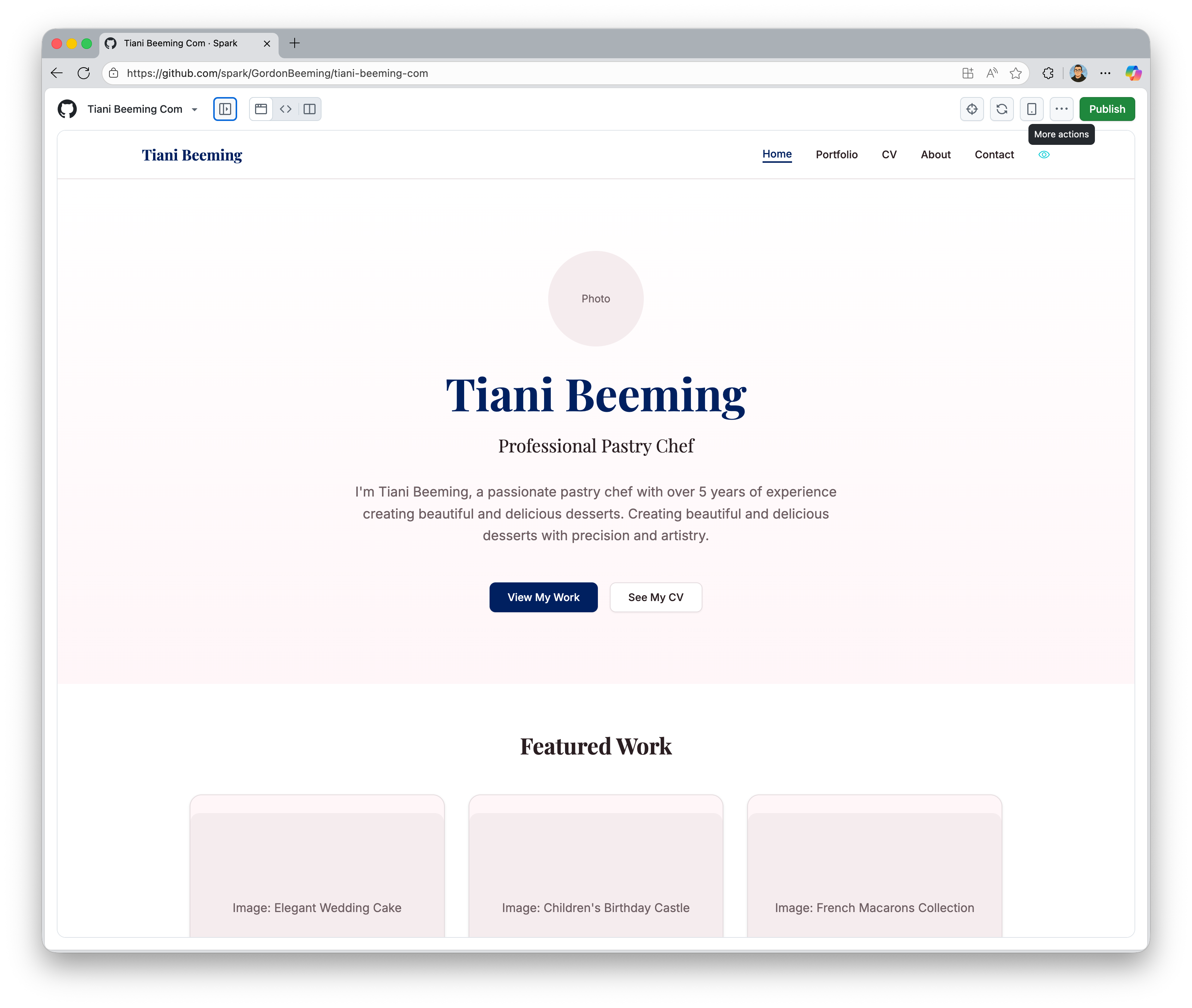 A screenshot of the GitHub Spark UI showing a beautifully generated portfolio website based on the spec from Gemini.