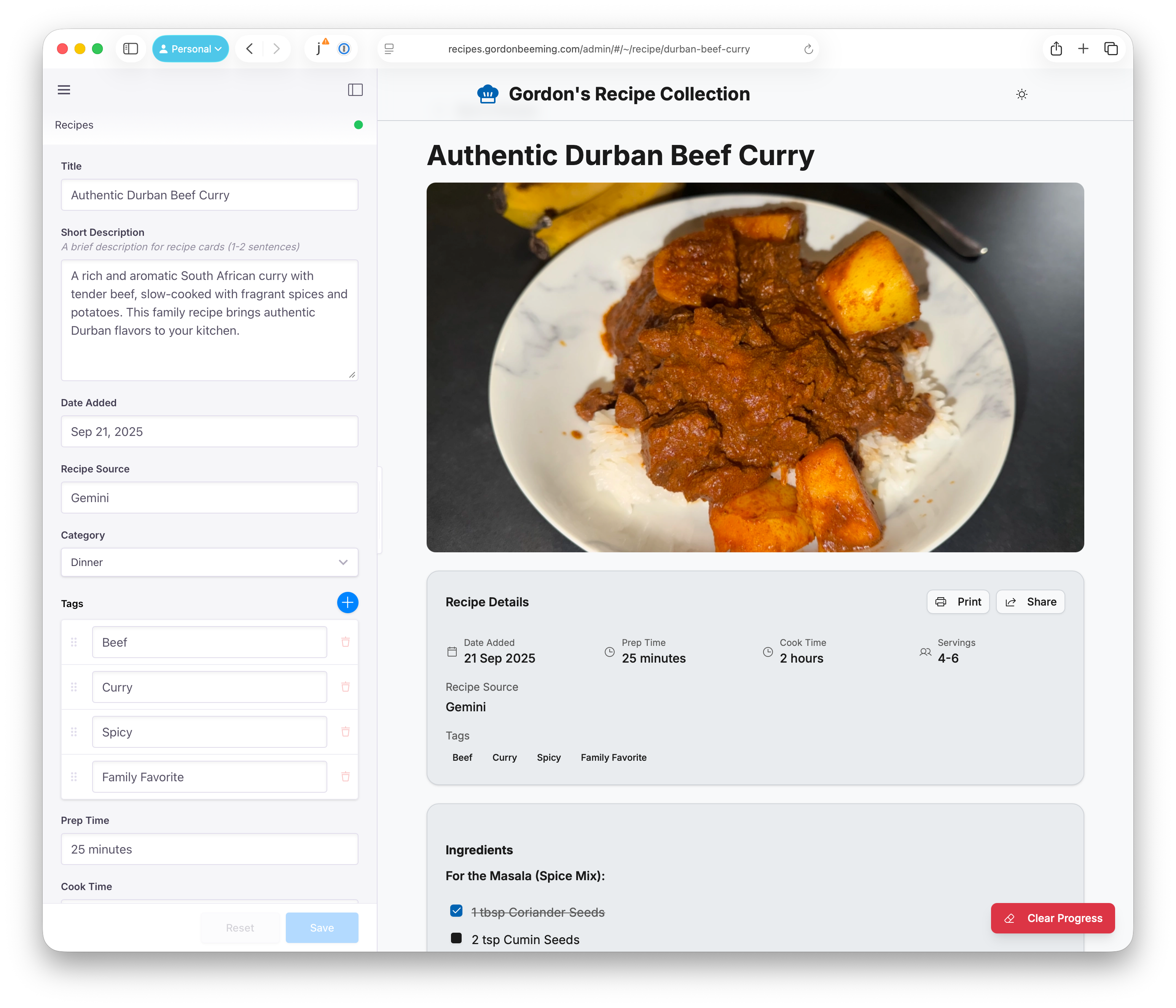 TinaCMS visual 
editor showing a Durban Beef Curry recipe with live preview and interactive checkboxes working